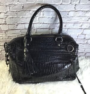 Rebecca Minkoff Black Leather Croc Embossed Morning After Satchel Handbag